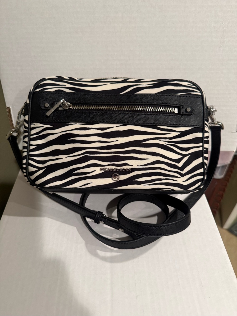 Michael Kors Black & White Zebra-Print Crossbody Camera Bag